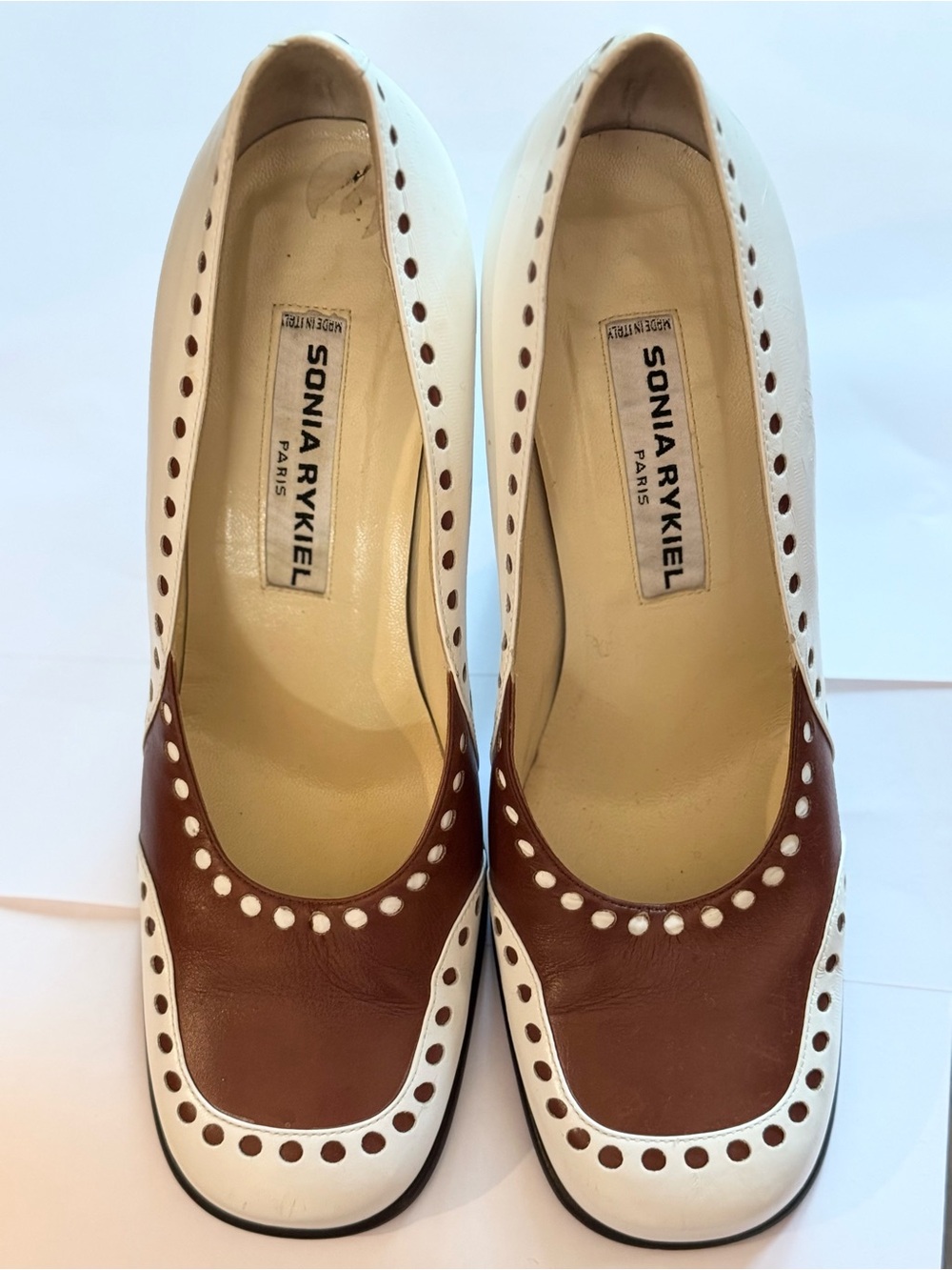 Gorgeous Vintage Sonia Rykiel White & Brown Leather Women’s Pumps. Size 37.
